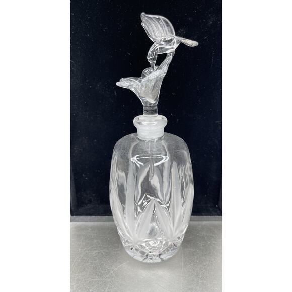 Vintage Perfume Glass Bottle Etched Clear With Hummingbird Stopper - Picture 1 of 6